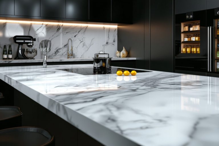 Close-up of a luxurious marble kitchen counter island with a sleek modern design