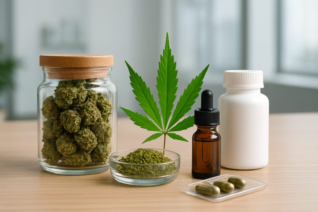 Various cannabis products including buds in a jar, a leaf, oils, and capsules on a wooden surface