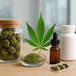 Various cannabis products including buds in a jar, a leaf, oils, and capsules on a wooden surface