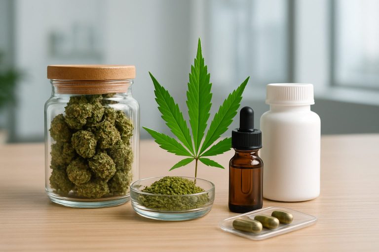 Various cannabis products including buds in a jar, a leaf, oils, and capsules on a wooden surface